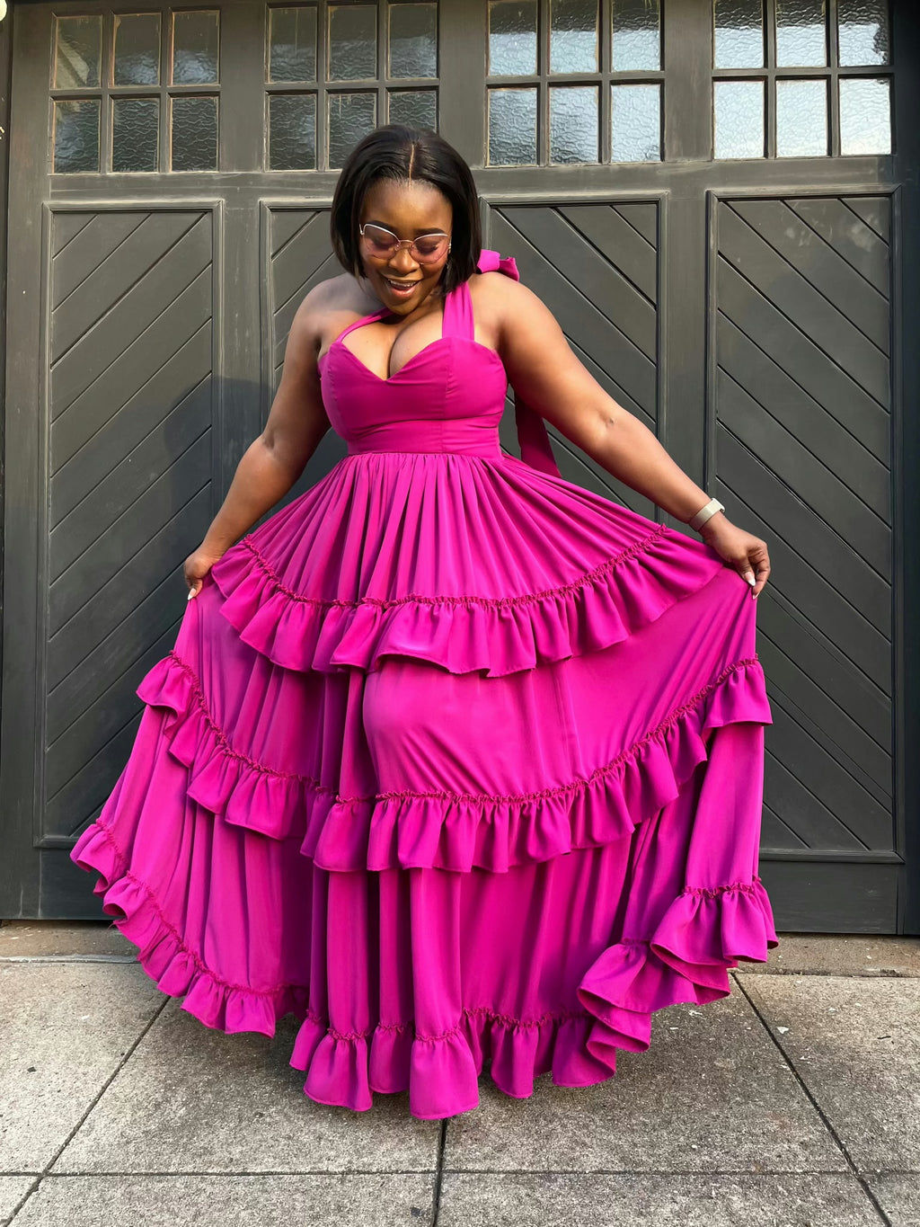 Fushsia Ruffle Goddess Maxi