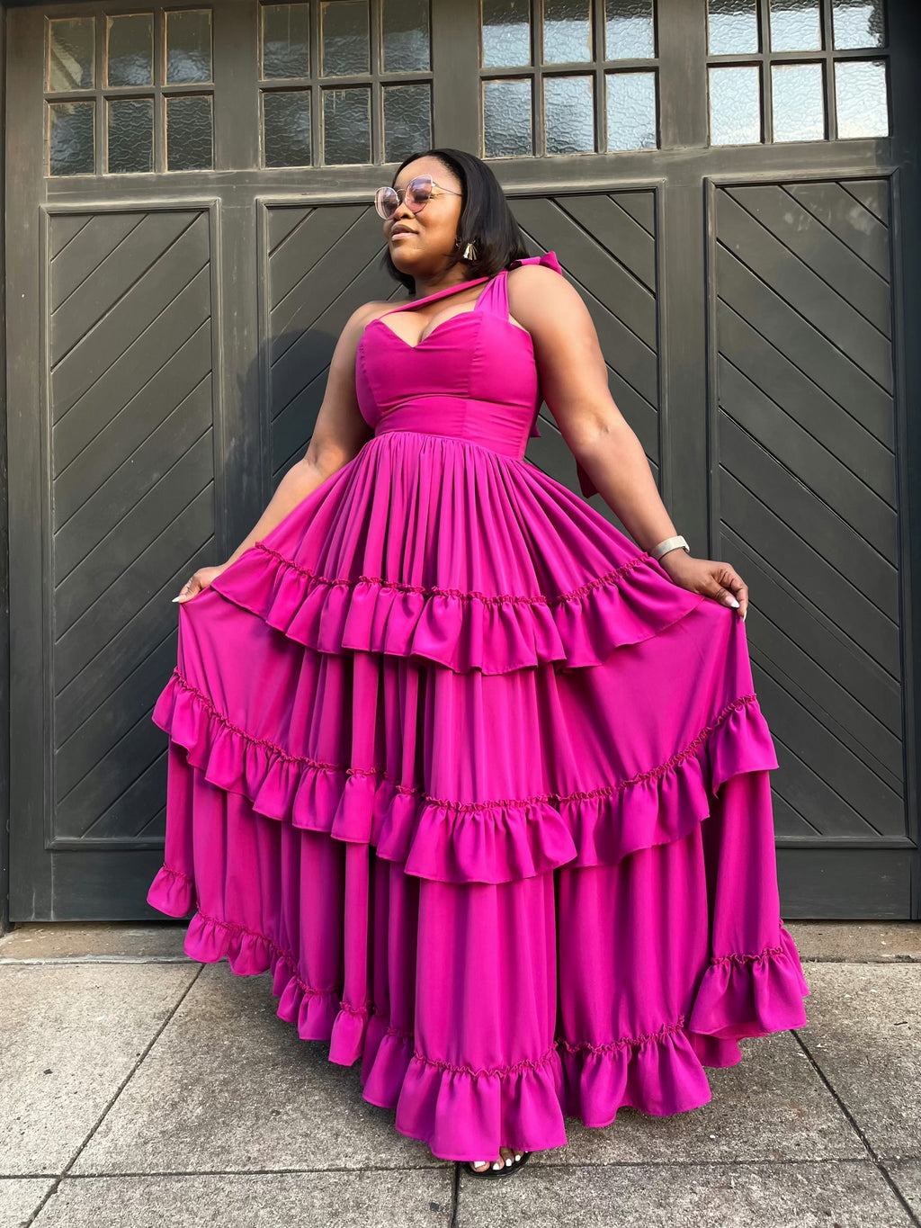 Fushsia Ruffle Goddess Maxi